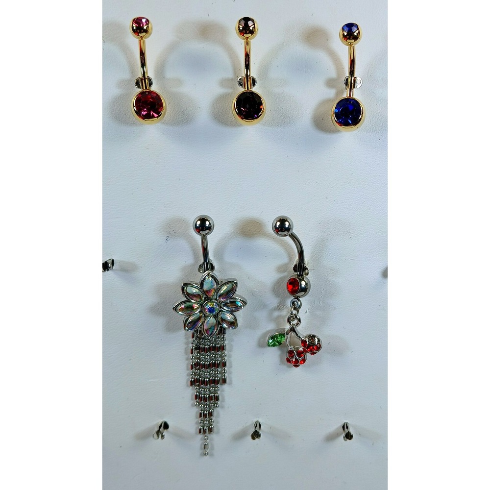 Set of 5 Navel Belly Button Rings Gold Silver Tone Floral Cherry Tassel Crystal - Picture 5 of 13